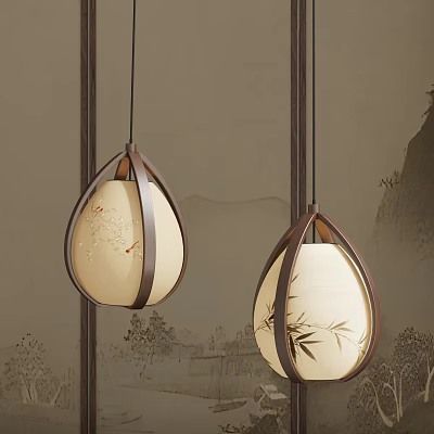 Chinese Style Pendant Lights With Wooden Frame Bamboo Plum Blossom Patterns And Landscape Background 3d model
