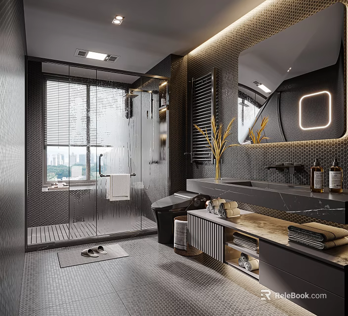Modern Bathroom Interior with Glass Shower Large Mirror Marble Countertop Storage Cabinets and Window Blinds 3d model 