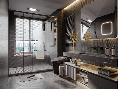Modern Bathroom Interior with Glass Shower Large Mirror Marble Countertop Storage Cabinets and Window Blinds 3d model