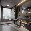 Modern Bathroom Interior with Glass Shower Large Mirror Marble Countertop Storage Cabinets and Window Blinds