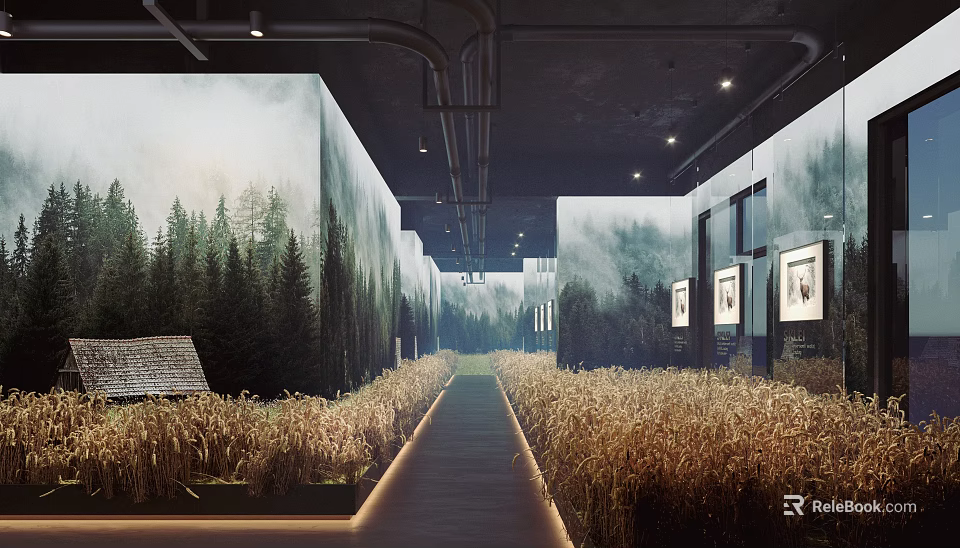 Indoor Corridor With Forest Murals Wheat Fields Picture Frames And Industrial Ceiling 3d model