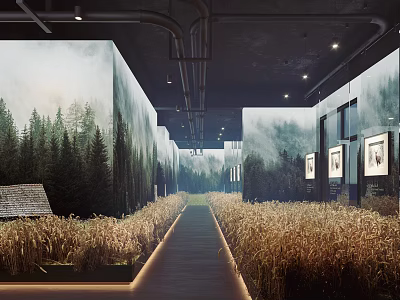 Indoor Corridor With Forest Murals Wheat Fields Picture Frames And Industrial Ceiling 3d model
