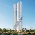 Modern High Rise Hotel Building With Glass Curtain Wall And Green Surroundings