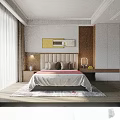 Modern Bedroom Interior With Upholstered Headboard Bedside Lamps Wall Art And Wooden Panel Decor
