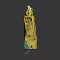 Traditional Japanese Kimono With Yellow Green Robe And Decorative Patterns On Mannequin