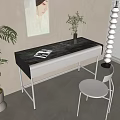 Modern Study Desk With Glass Top Black White Design Metal Legs And Vase Plant