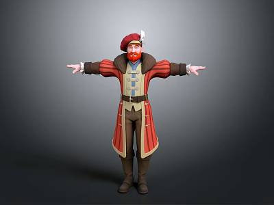3D Cartoon Character With Red Hat Beard Red Coat Golden Trim Blue Vest Arms Outstretched 3d model