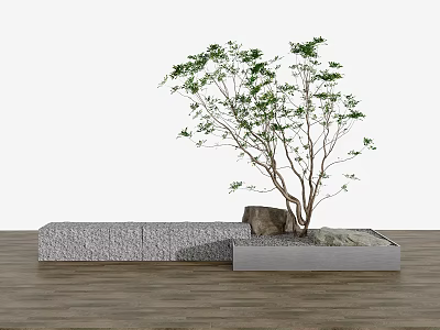 Garden Ornament With Small Tree Decorative Stone And Concrete Base On Wooden Floor 3d model