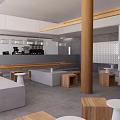Modern Restaurant Interior With Open Design Wooden Pillar Stools And White Gray Walls