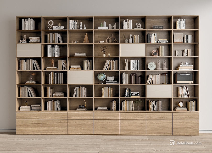 Modern Wooden Open Bookcase Interior Design With Books Decorations And Compartments 3d model 