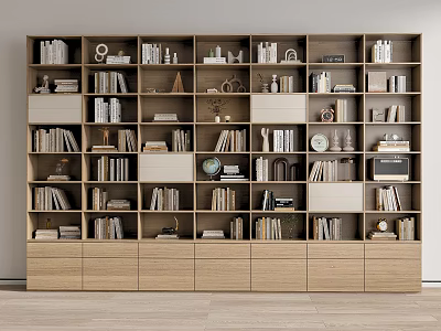 Modern Wooden Open Bookcase Interior Design With Books Decorations And Compartments 3d model