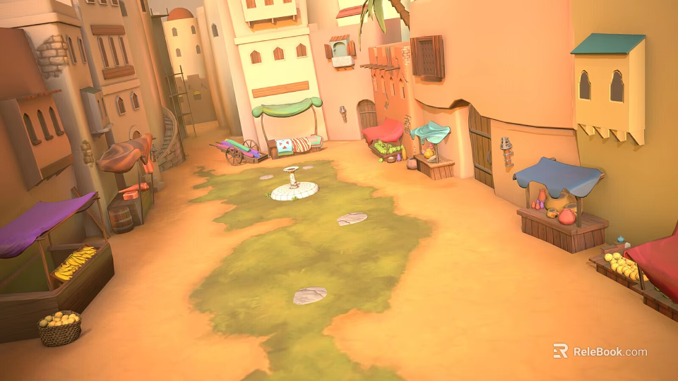 Cartoon Village Alley Scene With Colorful Buildings Market Stalls And Stone Path 3d model 