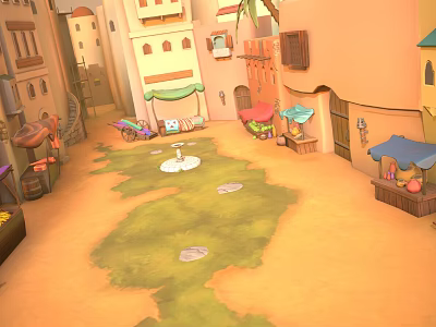 Cartoon Village Alley Scene With Colorful Buildings Market Stalls And Stone Path 3d model