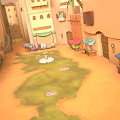 Cartoon Village Alley Scene With Colorful Buildings Market Stalls And Stone Path