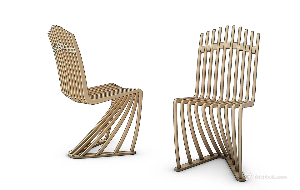 Modern Wooden Single Chair With Striped Backrest And Curved Leg Design 3d model 