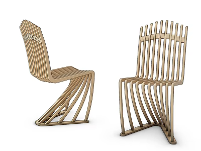 Modern Wooden Single Chair With Striped Backrest And Curved Leg Design 3d model