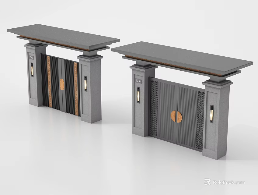 Modern Metal Gates With Stone Pillars Wooden Panel Circular Accent And Wall Lamps 3d model 