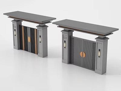 Modern Metal Gates With Stone Pillars Wooden Panel Circular Accent And Wall Lamps 3d model