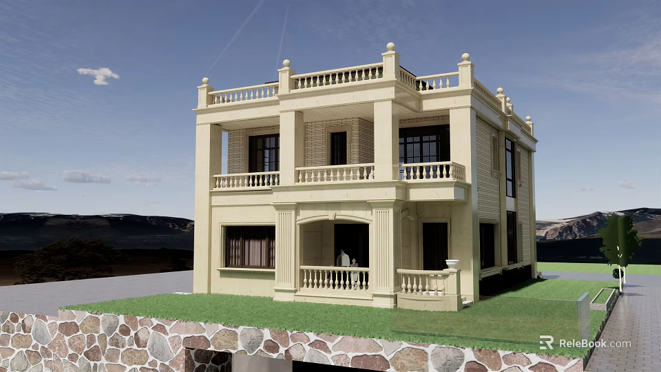 Two Story Beige Detached Villa With Balconies Railings Stone Base And Lawn 3d model 