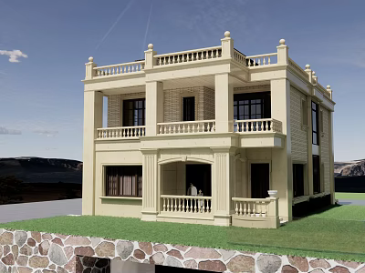 Two Story Beige Detached Villa With Balconies Railings Stone Base And Lawn 3d model