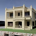 Two Story Beige Detached Villa With Balconies Railings Stone Base And Lawn