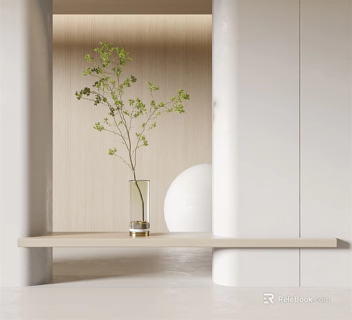 Modern Glass Vase With Green Leafy Twigs On Wooden Shelf In Minimalist Interior 3d model 