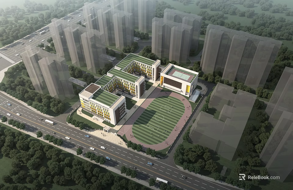 Modern School Building Complex With Green Roofs Sports Field And Trees In Urban Area 3d model 