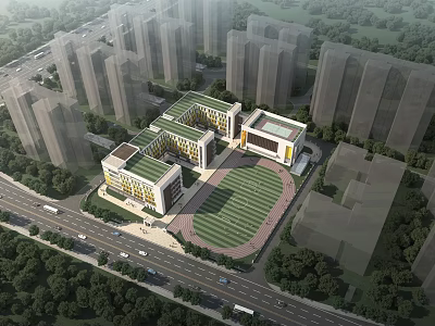 Modern School Building Complex With Green Roofs Sports Field And Trees In Urban Area 3d model
