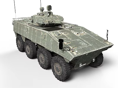 Military Armored Wheeled Vehicle with Turret Antennas and Green Camouflage Exterior 3d model