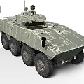 Military Armored Wheeled Vehicle with Turret Antennas and Green Camouflage Exterior