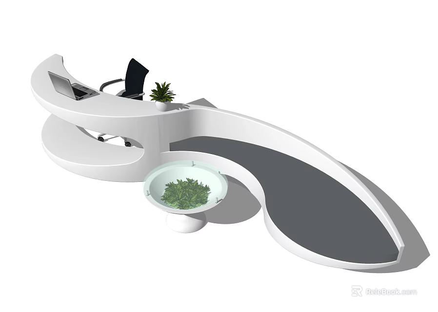 Modern Curved White Reception Desk Design With Green Plant And Gray Top 3d model 