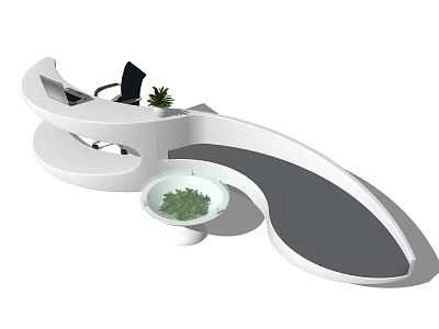 Modern Curved White Reception Desk Design With Green Plant And Gray Top 3d model