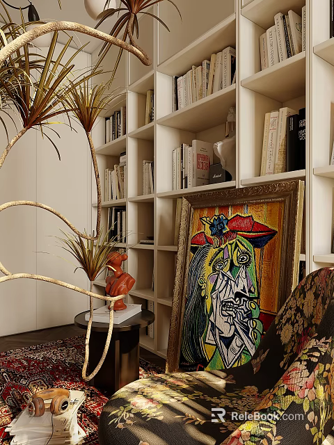 Modern Study Room Interior With Bookshelves Colorful Painting Gold Plant And Decorative Sculpture 3d model 