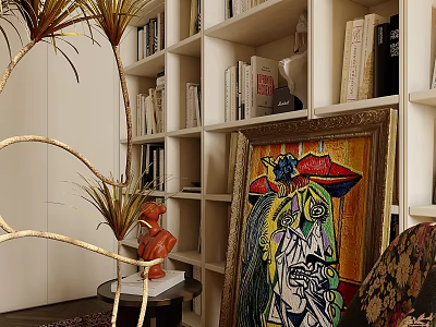 Modern Study Room Interior With Bookshelves Colorful Painting Gold Plant And Decorative Sculpture 3d model