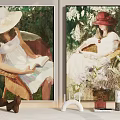 Portrait Paintings Showing Girls in Hats Reading on Wicker Chairs with Green Background and Flowers