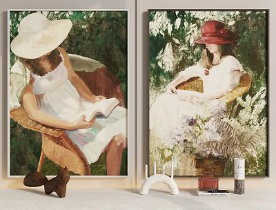 Portrait Paintings Showing Girls in Hats Reading on Wicker Chairs with Green Background and Flowers 3d model