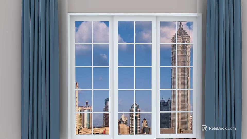 White Framed Sliding Doors with City Skyline View and Cloudy Blue Sky and Blue Curtains 3d model 