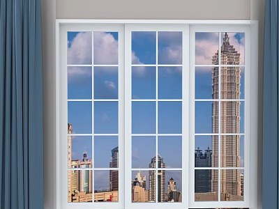 White Framed Sliding Doors with City Skyline View and Cloudy Blue Sky and Blue Curtains 3d model