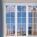 White Framed Sliding Doors with City Skyline View and Cloudy Blue Sky and Blue Curtains