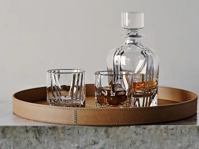 Elegant Crystal Decanter And Two Glasses On Brown Leather Tray For Home Bar 3d model