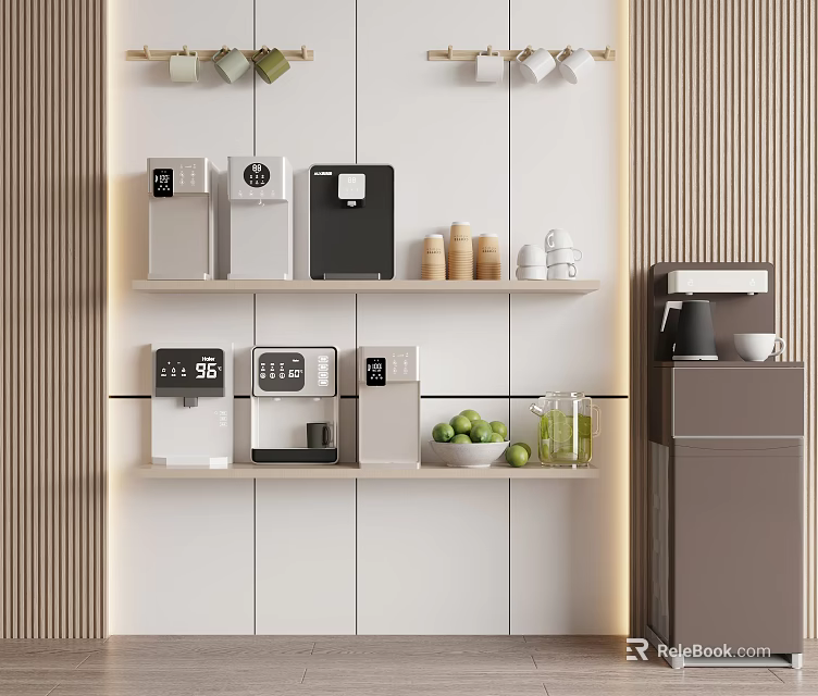 Sleek Modern Kitchen With Open Shelves Holding Daily Appliances Coffee Maker And Fresh Fruits 3d model 