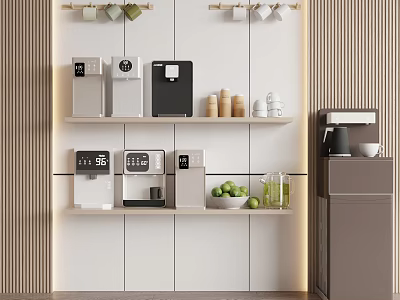 Sleek Modern Kitchen With Open Shelves Holding Daily Appliances Coffee Maker And Fresh Fruits 3d model