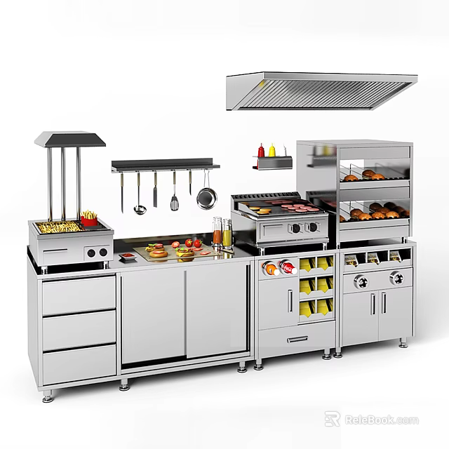Modern Stainless Steel Kitchen Sideboard With Storage Cabinets Drawers Grill Fruits Beverages And Utensils 3d model 