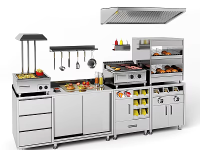 Modern Stainless Steel Kitchen Sideboard With Storage Cabinets Drawers Grill Fruits Beverages And Utensils 3d model