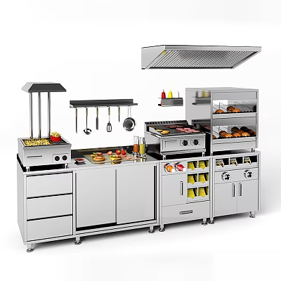 Modern Stainless Steel Kitchen Sideboard With Storage Cabinets Drawers Grill Fruits Beverages And Utensils 3d model