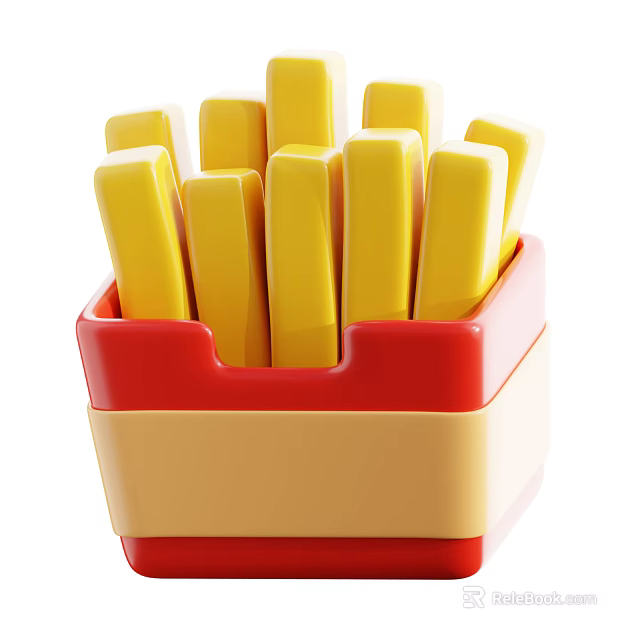 Freshly Cooked Crispy Golden French Fries in Red Yellow Carton Container 3d model 