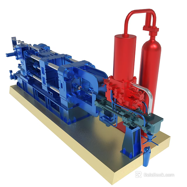 Industrial Machinery Featuring Blue Mechanical Parts And Red Cylinders On Base 3d model 