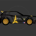 Black And Yellow Sporty Car With Racing Stripes And Yellow Wheels Design