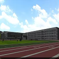 Modern School Football Field With Green Grass Running Track And Blue Sky White Clouds 3d model