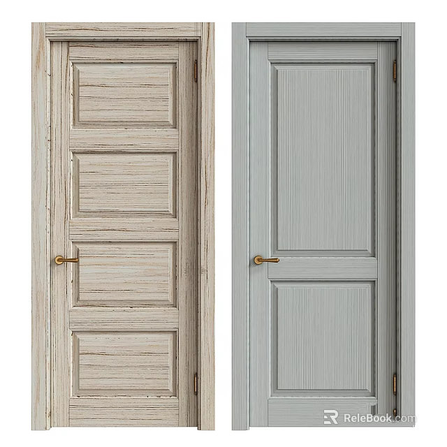 Simple Style Interior Doors With Natural Wood And Light Gray Panel Design And Gold Handles 3d model 